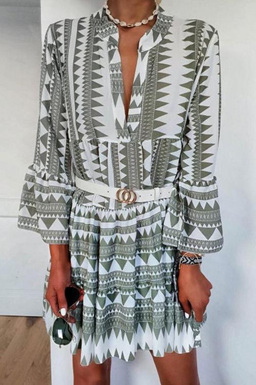 Stripe Flare Printed Geometric Sleeves Mini Dress GOMINGLO