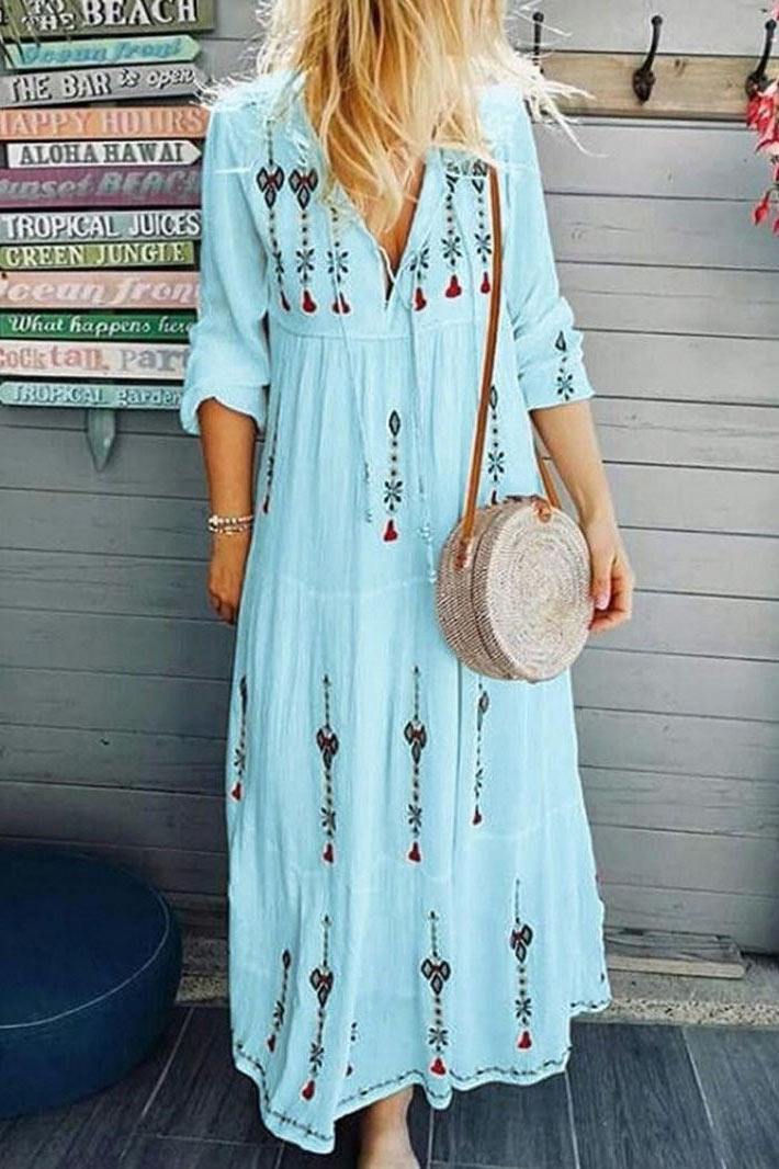 Trendy Bohemian Fashion Printed V-Neck Maxi Dress GOMINGLO