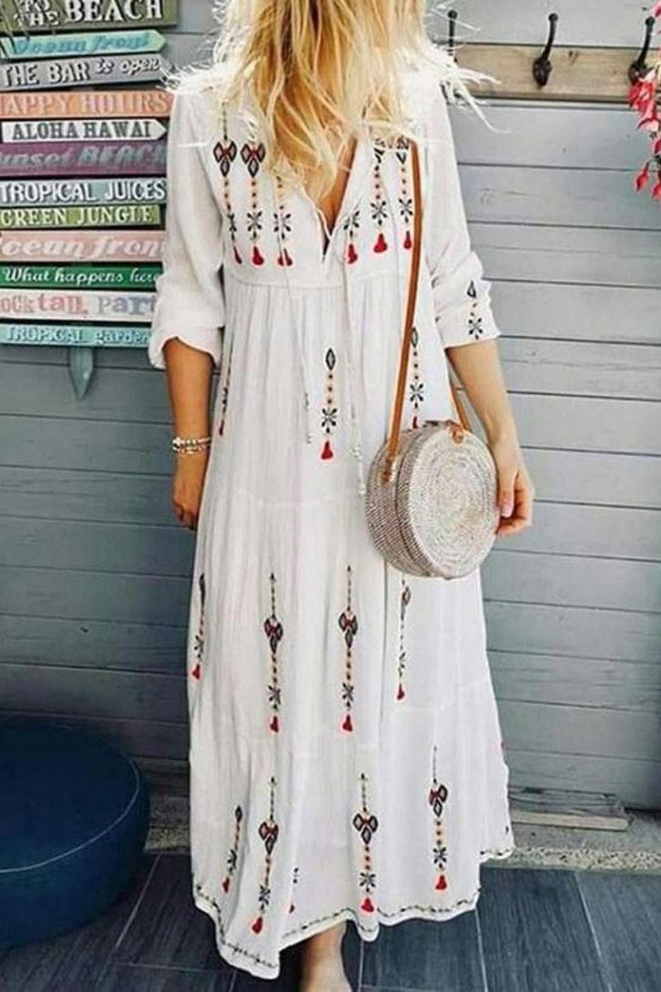 Trendy Bohemian Fashion Printed V-Neck Maxi Dress GOMINGLO