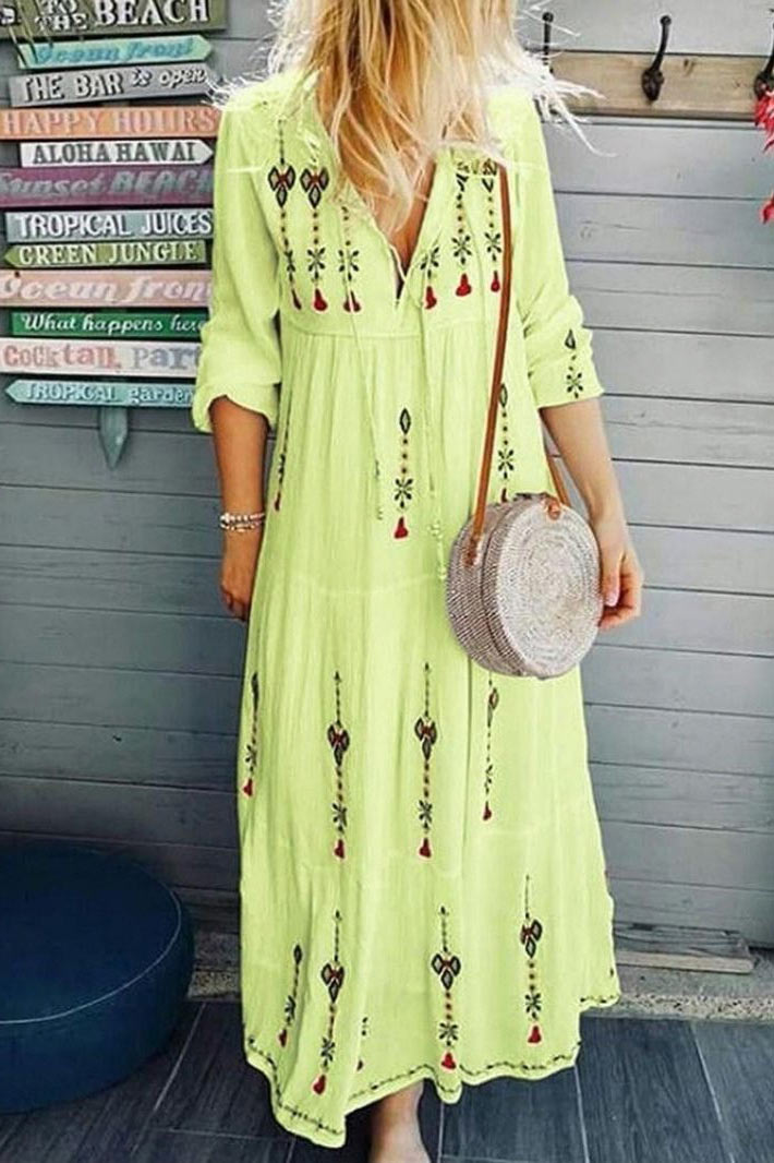 Trendy Bohemian Fashion Printed V-Neck Maxi Dress GOMINGLO