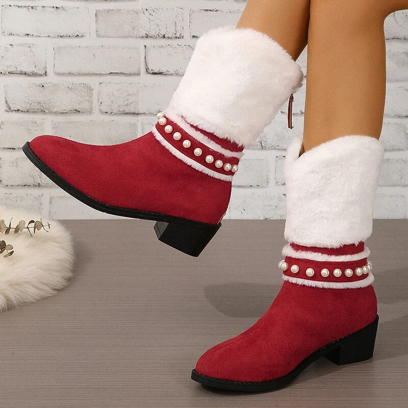 Trendy Christmas Pattern Thicken Plush Cotton Padded Winter Fur Warm Snow Boots Women GOMINGLO