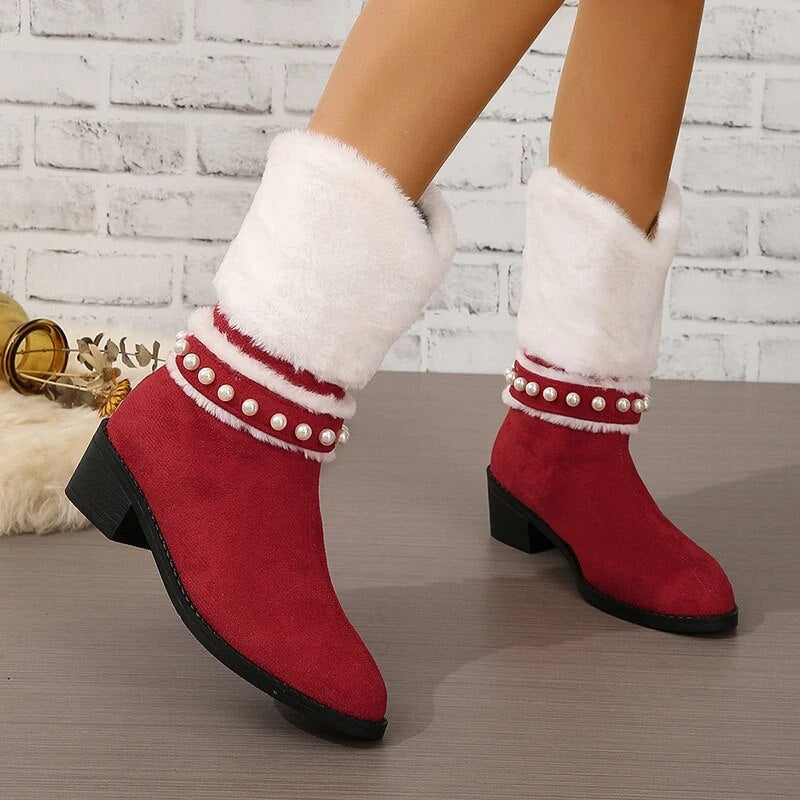 Trendy Christmas Pattern Thicken Plush Cotton Padded Winter Fur Warm Snow Boots Women GOMINGLO