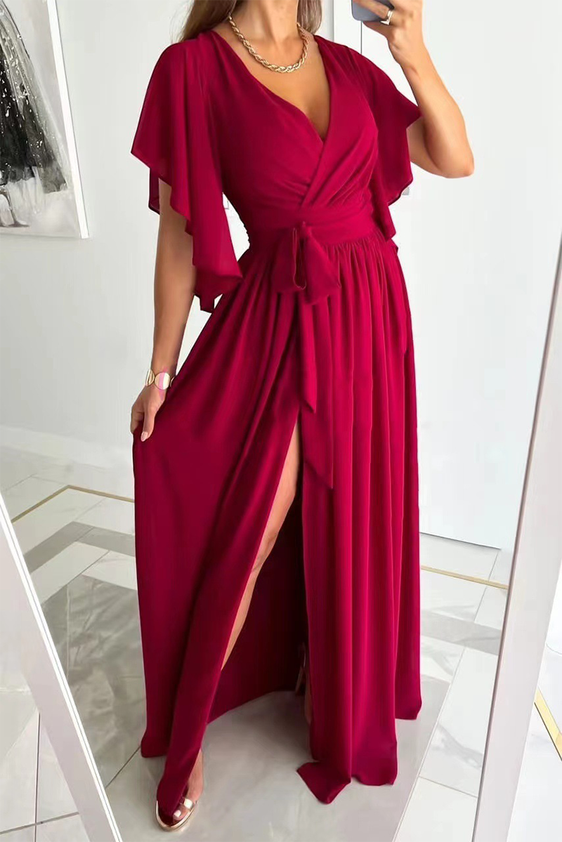 Trendy Deep V-Neck High Slit Flare Maxi Dress GOMINGLO