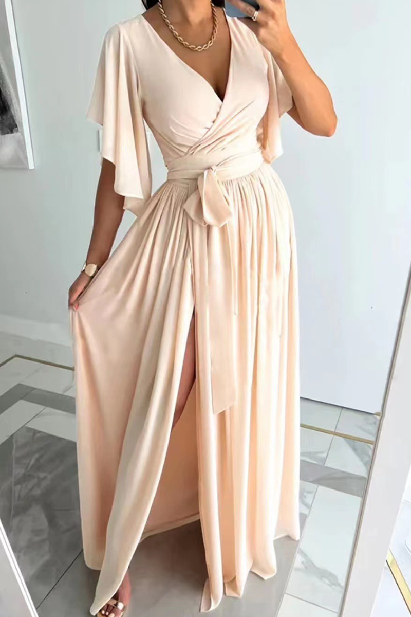 Trendy Deep V-Neck High Slit Flare Maxi Dress GOMINGLO