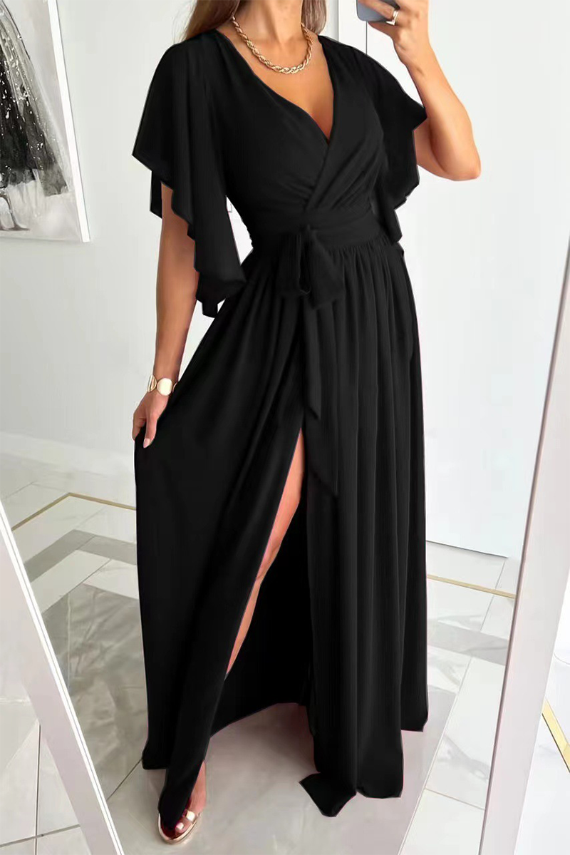 Trendy Deep V-Neck High Slit Flare Maxi Dress GOMINGLO