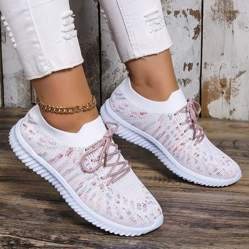 Trendy Fashion Colorful Knitting Lace Up Non Slip Casual Sneakers for Women GOMINGLO