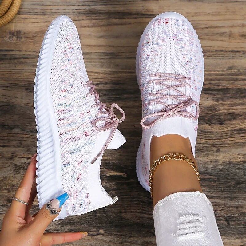 Trendy Fashion Colorful Knitting Lace Up Non Slip Casual Sneakers for Women GOMINGLO