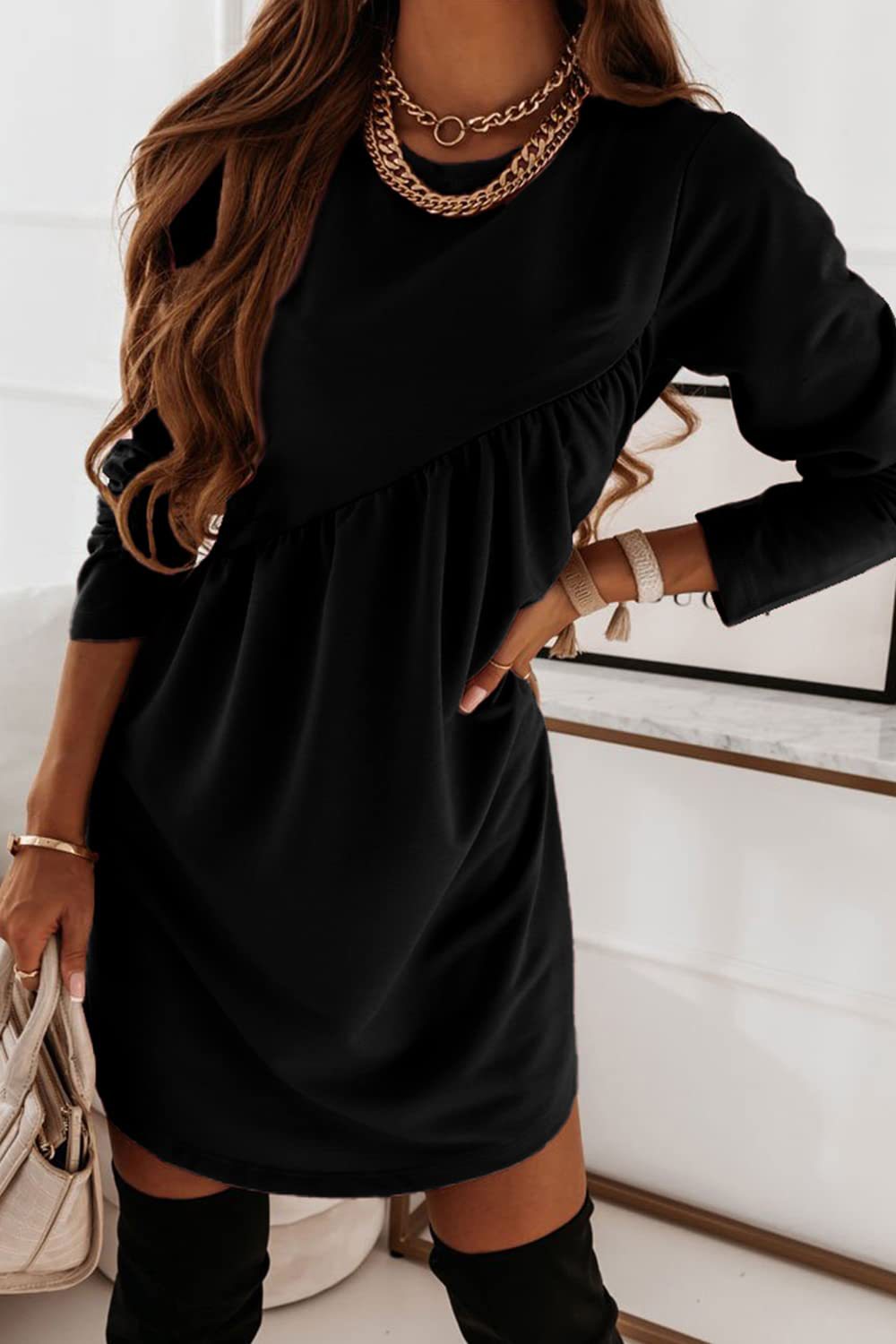 Trendy Long Sleeve Irregular Tunic Dress GOMINGLO