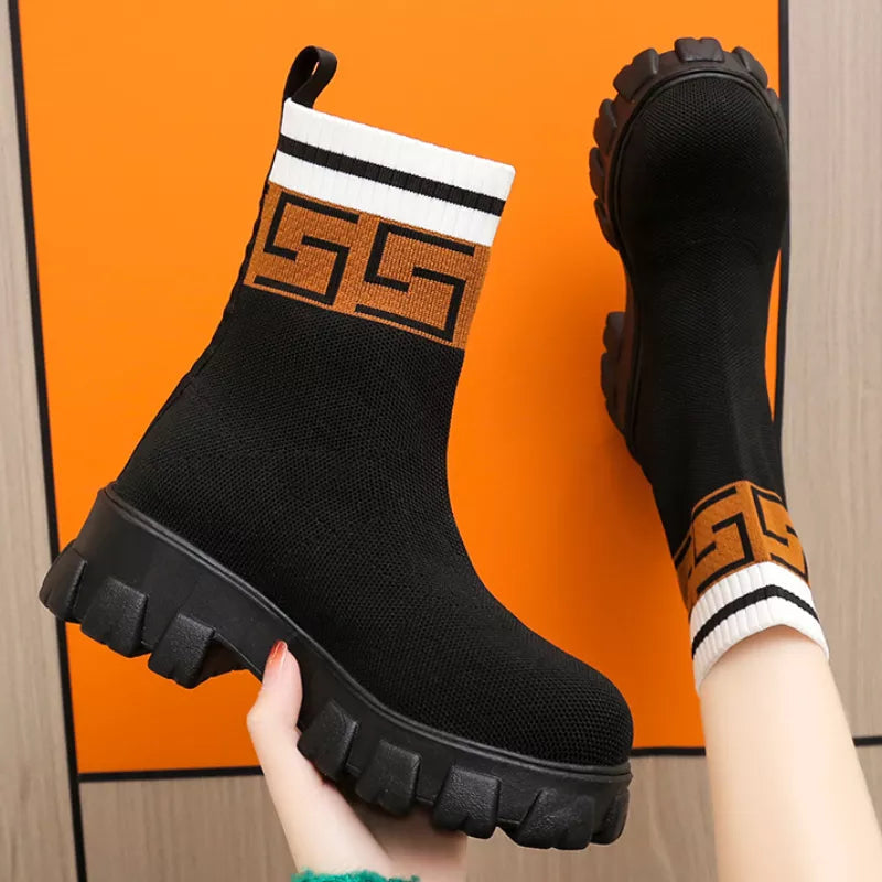 Trendy Women's Fashion Autumn Winter Black Knitted Short Socks Boots GOMINGLO