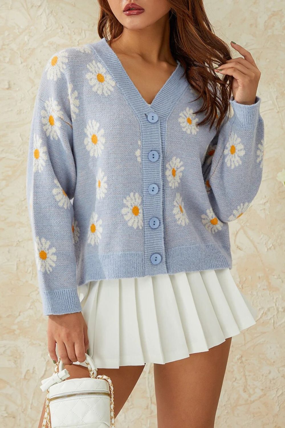 Trendy Women's Fashion V Neck Floral Printed Button Down Sweater GOMINGLO
