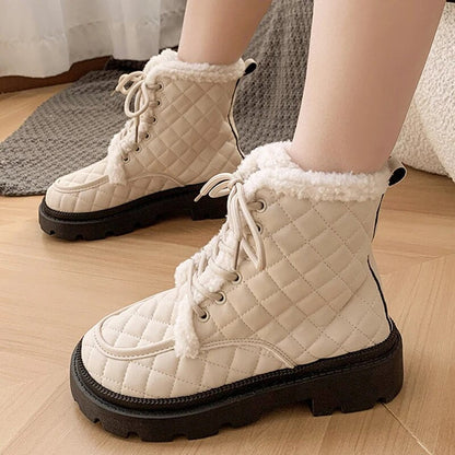 Trendy Women's Warm Wool Lace Up Thick Plush Winter Ankle Boots GOMINGLO