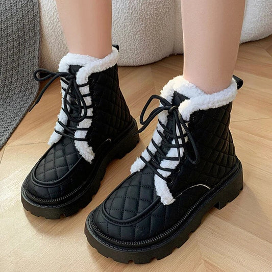 Trendy Women's Warm Wool Lace Up Thick Plush Winter Ankle Boots GOMINGLO