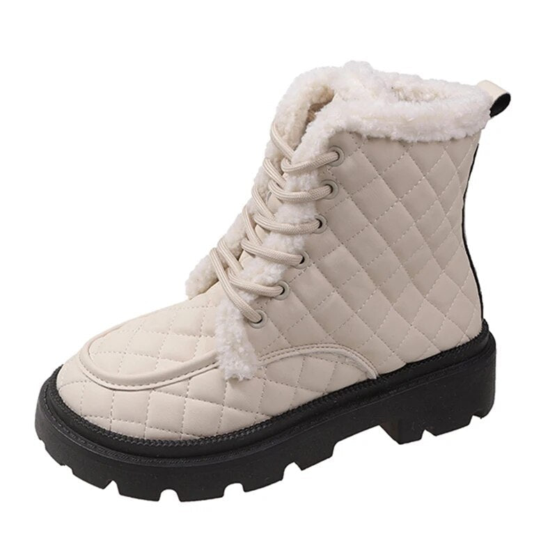 Trendy Women's Warm Wool Lace Up Thick Plush Winter Ankle Boots GOMINGLO