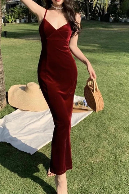 Velvet Spaghetti Strap Maxi Dress