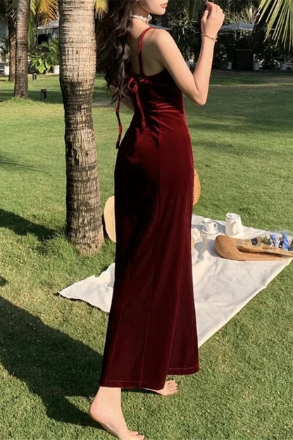 Velvet Spaghetti Strap Maxi Dress