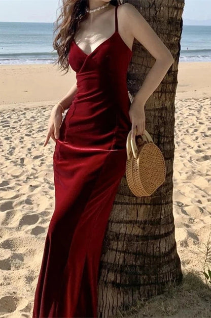 Velvet Spaghetti Strap Maxi Dress