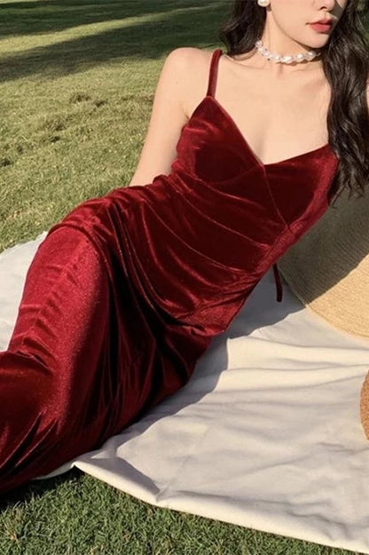 Velvet Spaghetti Strap Maxi Dress