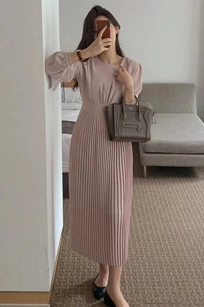 Elegant Long Sleeve Pleated Midi Dress