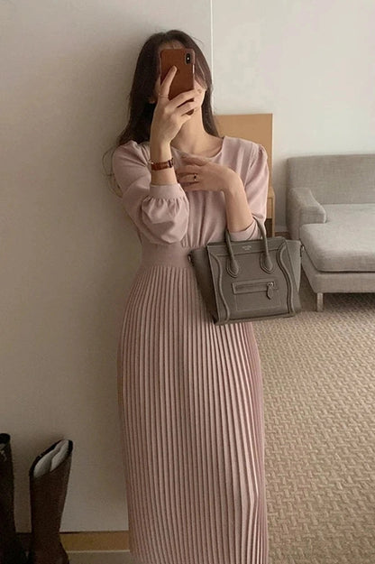 Elegant Long Sleeve Pleated Midi Dress