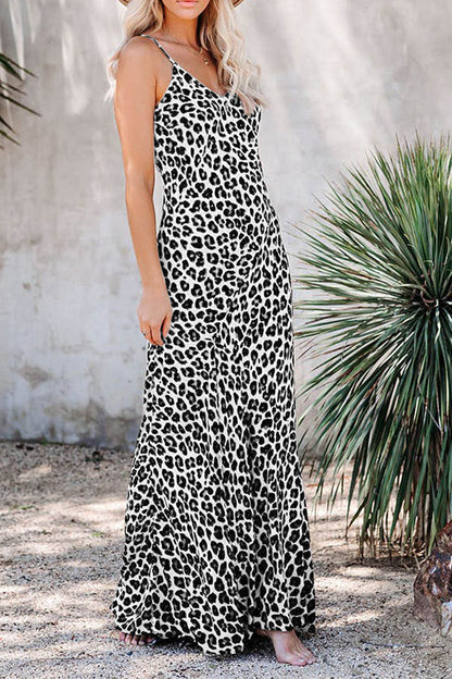 V-neck Leopard Print Spaghetti Strap Maxi dress GOMINGLO