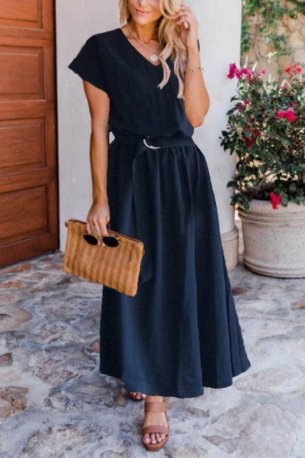 V-neck Loose Waistband Maxi Dress GOMINGLO