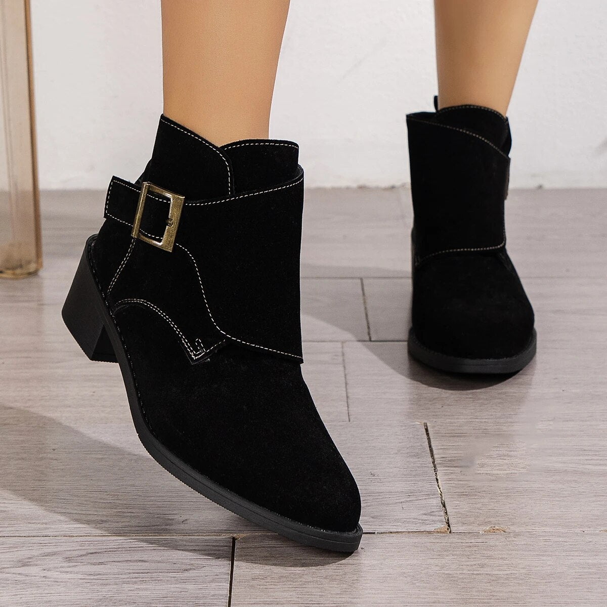 Vintage British Style Faux Suede Square Heels Short Buckle Boots Woman GOMINGLO