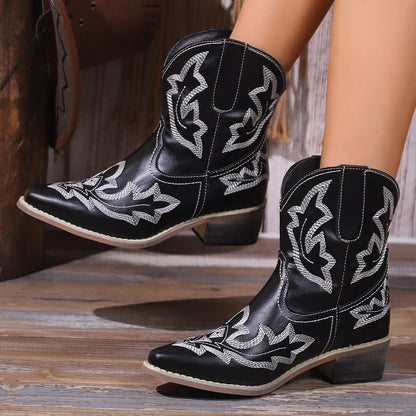 Vintage Fashion Embroidered Autumn Winter PU Leather Ankle Boots GOMINGLO