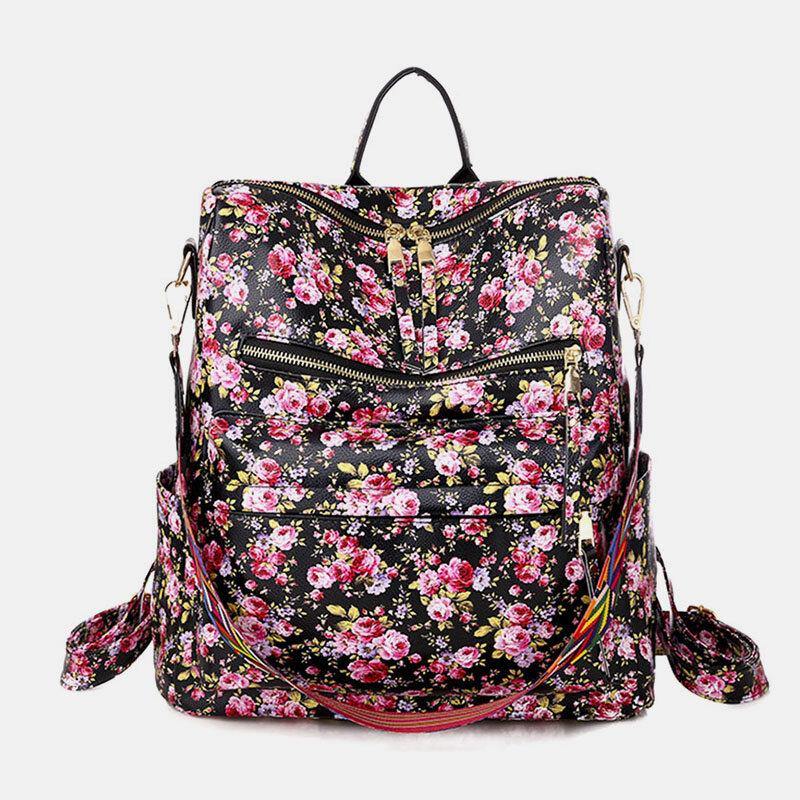 Women Faux Leather Leopard And Flowers Pattern Fashion Casual Backpack GOMINGLO