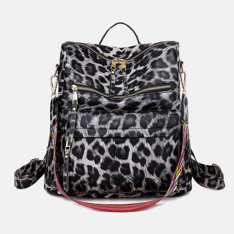 Women Faux Leather Leopard And Flowers Pattern Fashion Casual Backpack GOMINGLO
