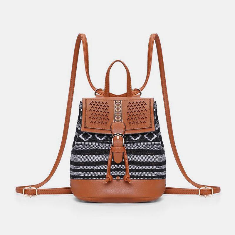 Women Hollow Stitching Ethnic Style Straw Bag Backpack Woven Shoulder Bag Bucket Bag GOMINGLO