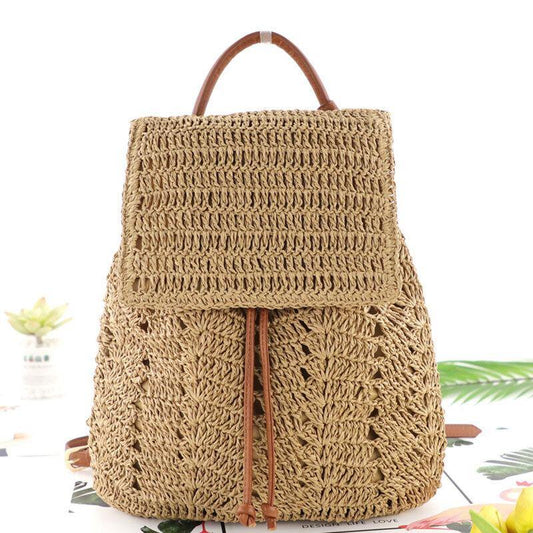 Women Mori Series String Straw Bag Dual-use Woven Bag Retro Beach Bag Backpack GOMINGLO