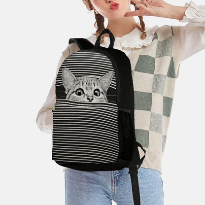 Women Oxford Cloth Large Capacity Cartoon Cat Stripe Pattern Printing Backpack GOMINGLO