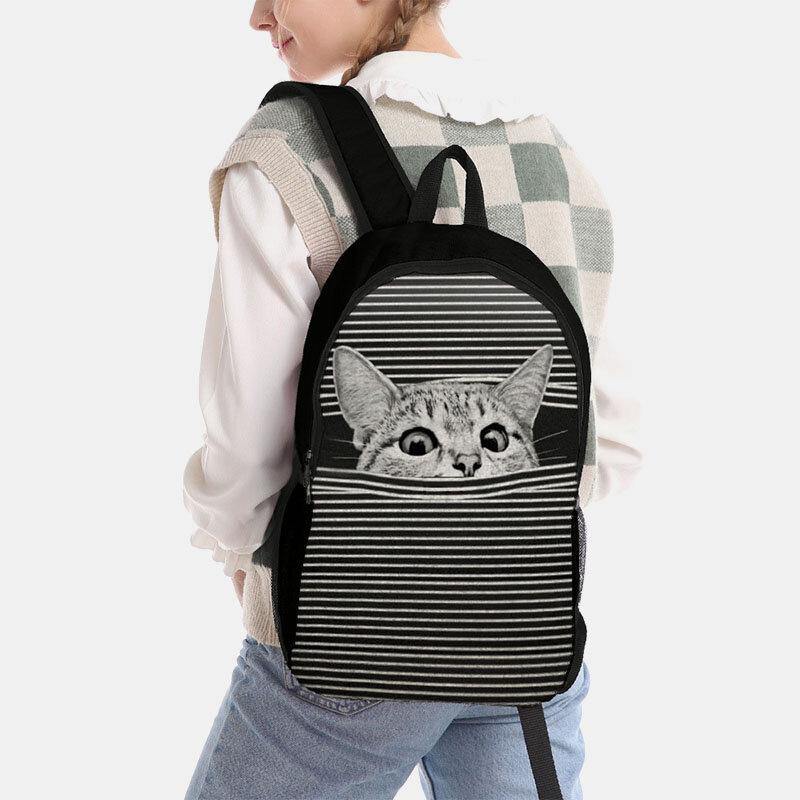 Women Oxford Cloth Large Capacity Cartoon Cat Stripe Pattern Printing Backpack GOMINGLO
