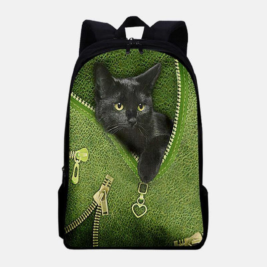 Women Oxford Patchwork Large Capacity Cartoon Cat ZIpper Pattern Printing Backpack GOMINGLO