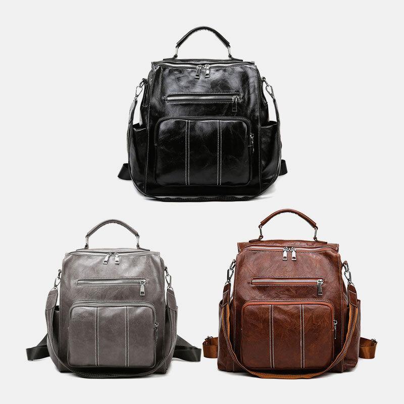 Women PU Leather Large Capacity Multi-pocket Retro Messenger Backpack Crossbody Bag Shoulder Bag GOMINGLO