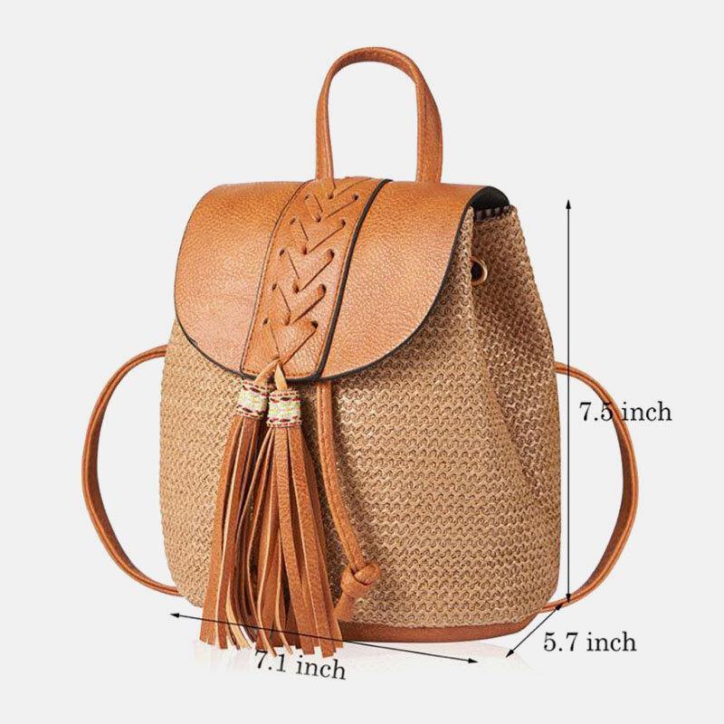 Women Tassel Straw Bag Retro Beach Bag Backpack Bucket Bag GOMINGLO