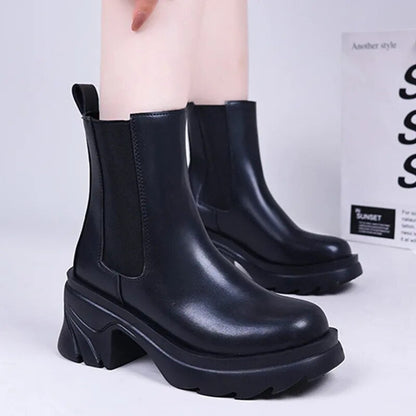 Women's Autumn Winter Short Plush Chelsea Slip-On PU Leather Boots GOMINGLO