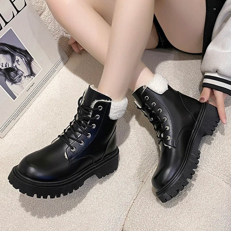 Women's Autumn Winter Warm Plush PU Leather Platform Lace Up Non Slip Boots GOMINGLO