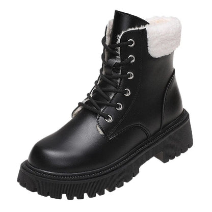 Women's Autumn Winter Warm Plush PU Leather Platform Lace Up Non Slip Boots GOMINGLO