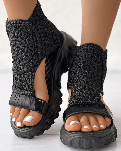 Women's Braided Geometric Wedge Sandals Knitted Elastic Shoes Mesh Flat Hollow Female Platform Shoes GOMINGLO