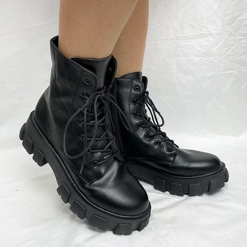 Women's Chunky Autumn Winter Thick Sole Lace Up Ankle Boots for Women GOMINGLO