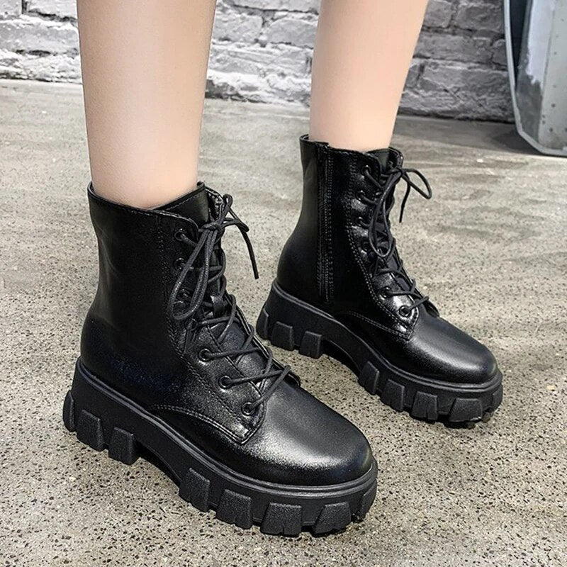 Women's Chunky Autumn Winter Thick Sole Lace Up Ankle Boots for Women GOMINGLO