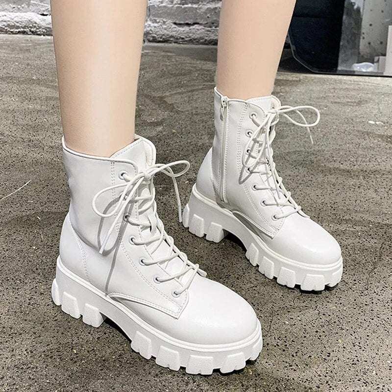 Women's Chunky Autumn Winter Thick Sole Lace Up Ankle Boots for Women GOMINGLO