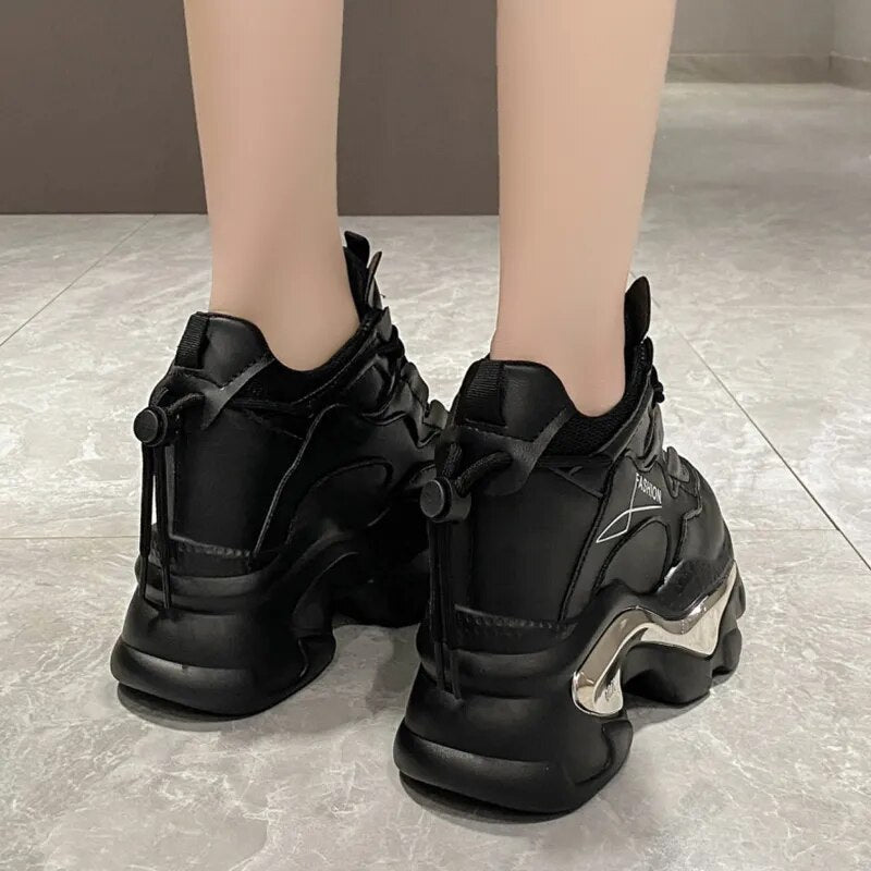 Women's Chunky Platform Thick Bottom PU Leather Sneakers GOMINGLO