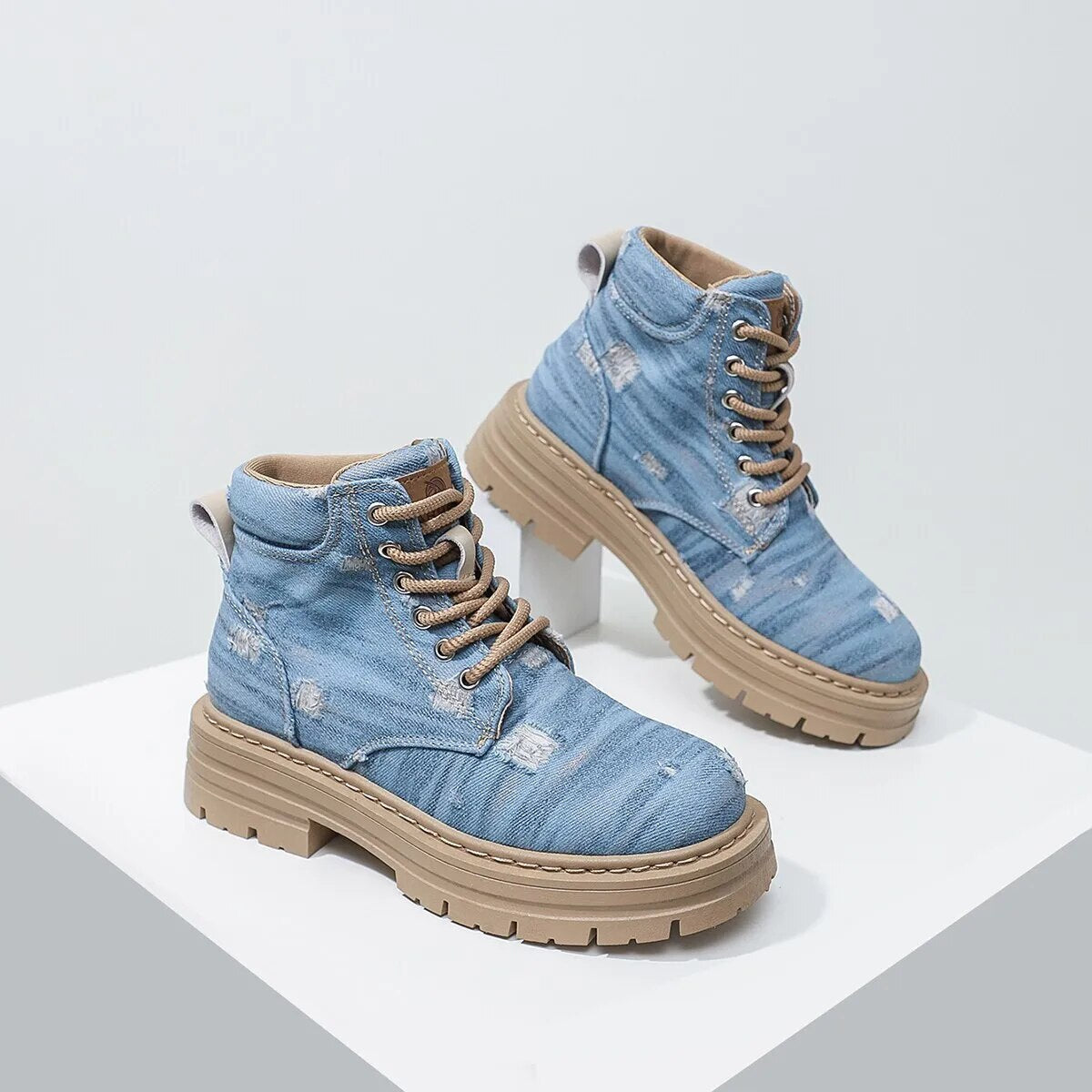 Women's Denim Fashion High-Top Lace-up Martin Boots GOMINGLO