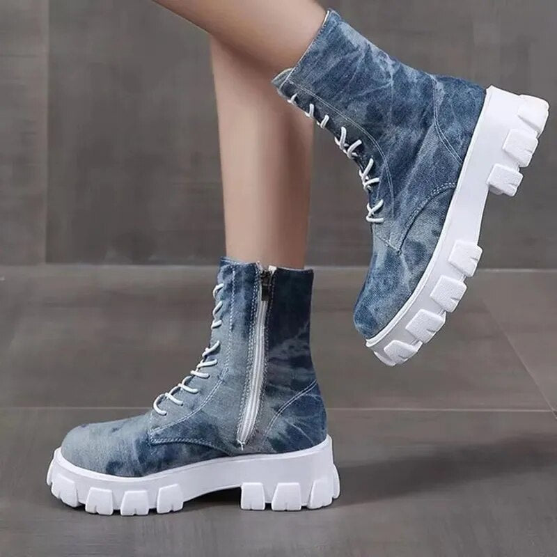 Women's Denim Fashion Patchwork Fabric Platform Ankle Boots GOMINGLO