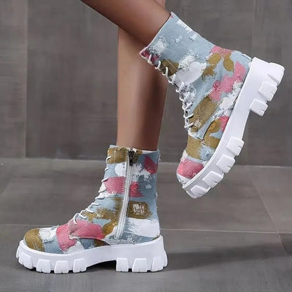 Women's Denim Fashion Patchwork Fabric Platform Ankle Boots GOMINGLO