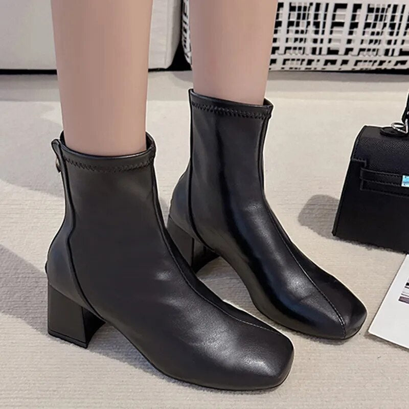 Women's Fashion Autumn Winter Square Toe Thick Heels Zipper Boots GOMINGLO