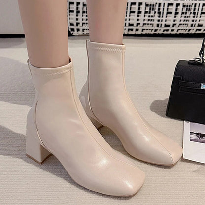 Women's Fashion Autumn Winter Square Toe Thick Heels Zipper Boots GOMINGLO