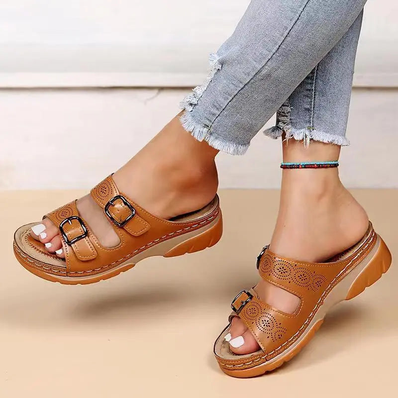 Women's Fashion Double Buckle Wedge Sandals GOMINGLO